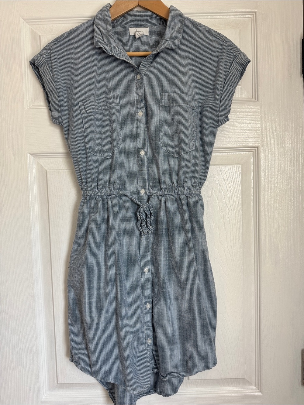 Anna Light Blue Striped Shirt Drawstring Mini Dress